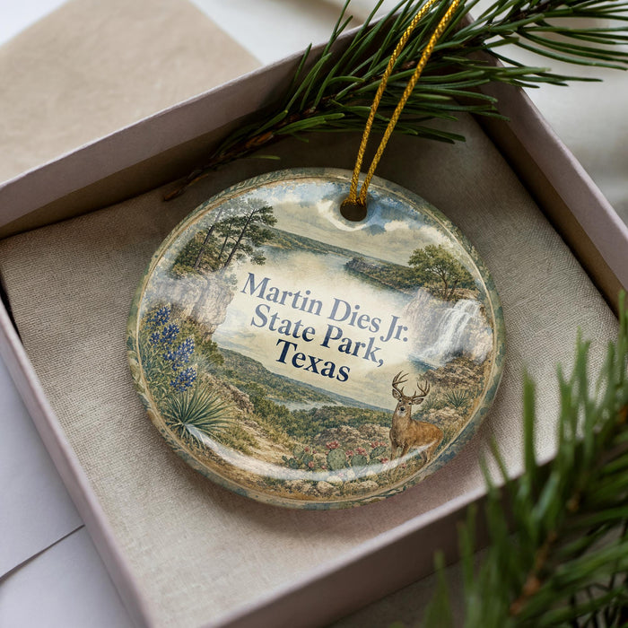 A decorative ornament in a box, featuring a scenic landscape with a deer and trees, along with the text "Martin Dies Jr. State Park, Texas".