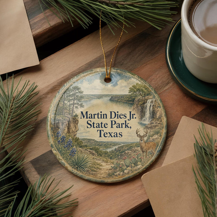 A round ornament with a scenic illustration of Martin Dies Jr. State Park, Texas, is displayed on a wooden surface alongside a cup of coffee and some pine branches.