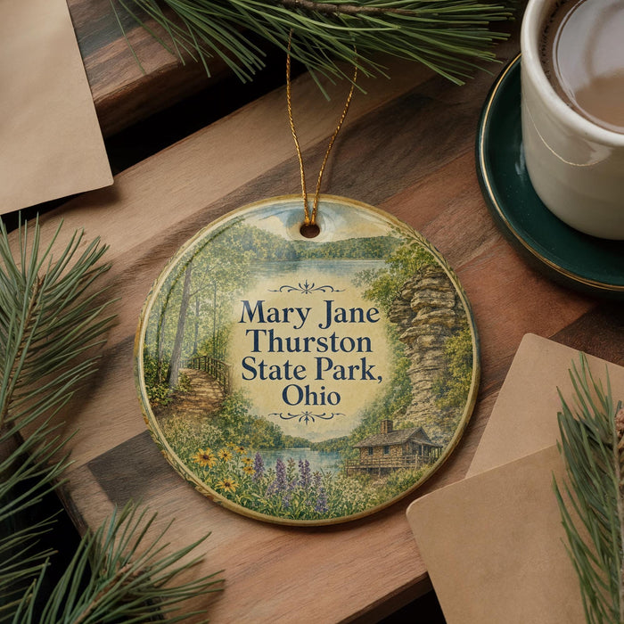 A decorative ornament featuring a scenic image of Mary Jane Thurston State Park, Ohio, surrounded by pine branches and a cup of coffee on a wooden surface.
