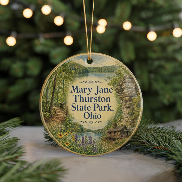 A round ornament with a scenic image of Mary Jane Thurston State Park, Ohio, surrounded by greenery and a cabin.