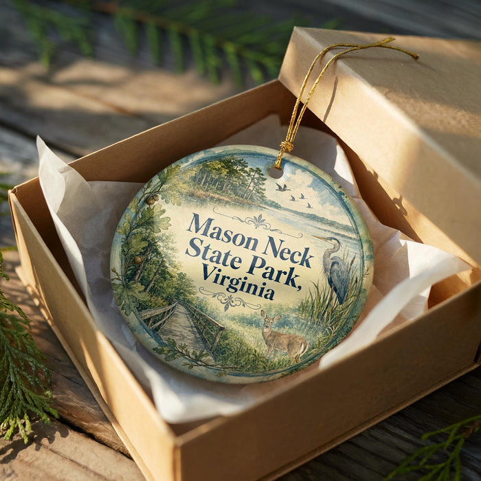 A decorative ornament in a brown box, featuring a scenic landscape with a lake, trees, and wildlife, including a bird and a deer.