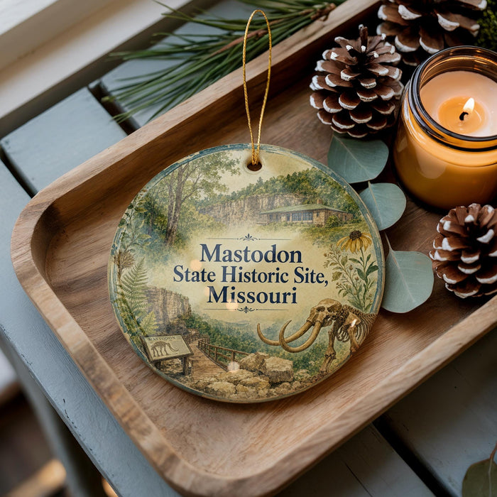 A wooden tray with a decorative ornament featuring a scenic image of the Mastodon State Historic Site in Missouri, accompanied by pine cones and a lit candle.
