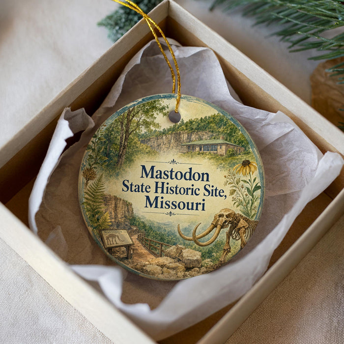 A round ornament with a painting of a natural landscape, including a cliff, trees, and a building, is displayed in a box.