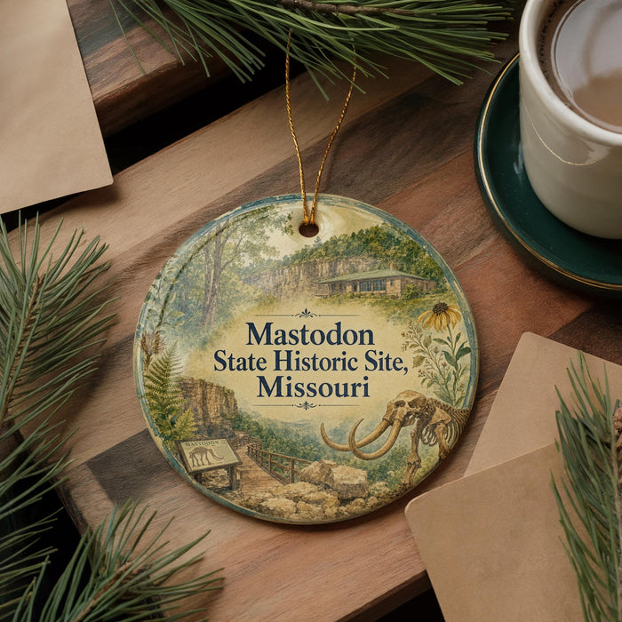 A circular ornament with a painting of a historic site, specifically Mastodon State Historic Site, Missouri, hanging on a wooden surface.