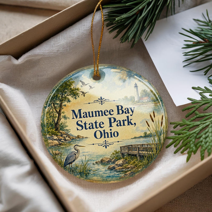 A decorative ornament with a scenic landscape featuring a lake, a lighthouse, and a bird, hanging from a string.