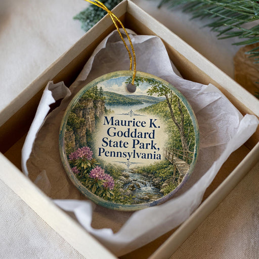 A round ornament with a scenic image of Pennsylvania State Park, featuring a river, trees, and a bridge.
