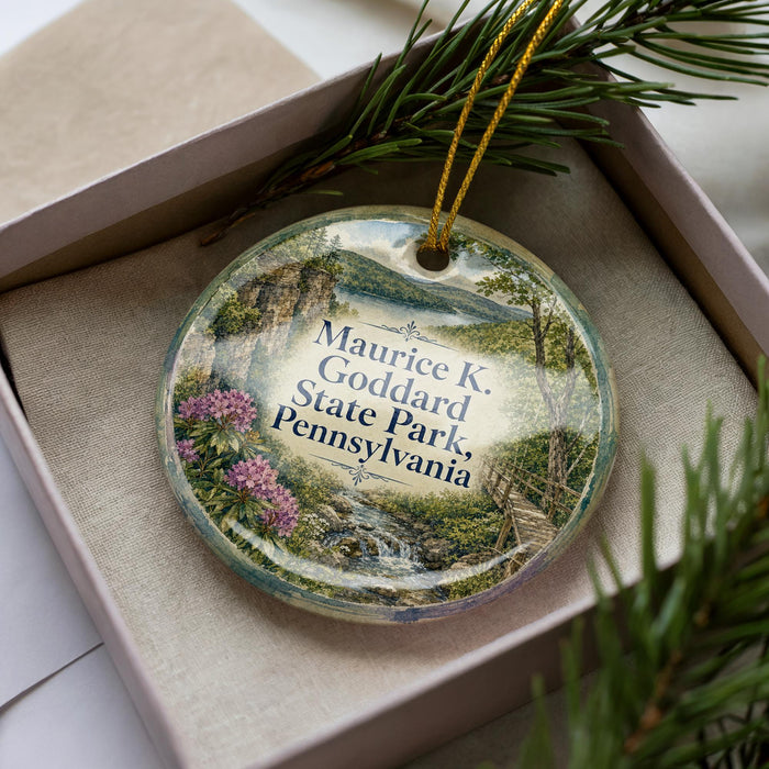 A decorative ornament featuring a scenic landscape of Pennsylvania State Park, with a river and pine trees.