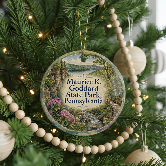 A round ornament hanging on a Christmas tree, featuring a scenic image of a park with a river and mountains.