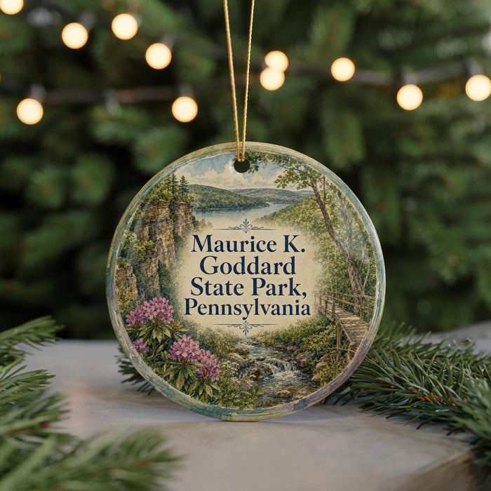 A round ornament with a scenic landscape of mountains, trees, and a river, featuring the text "Maurence K. Godard State Park, Pennsylvania".