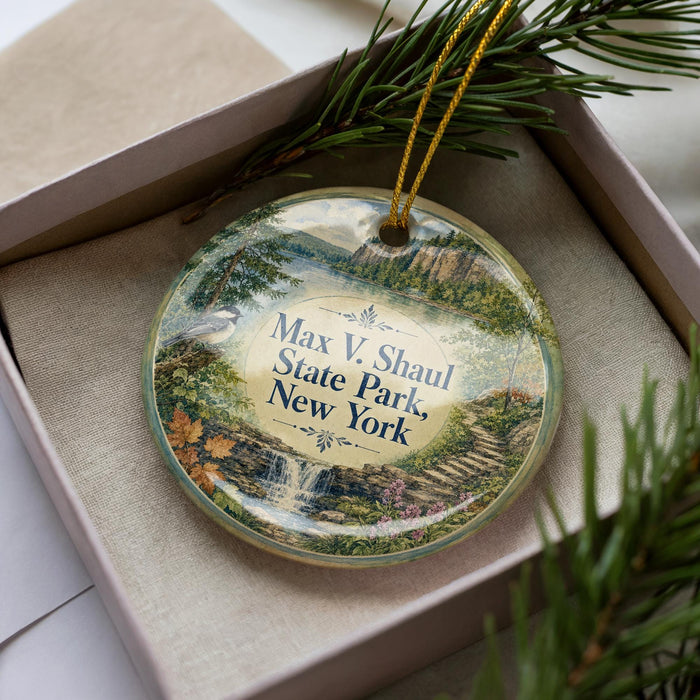 A decorative ornament in a box, featuring a scenic landscape with a waterfall and pine trees.