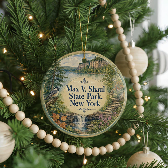A round ornament on a Christmas tree, featuring a scenic image of a park with a waterfall and a bird perched on a tree branch.