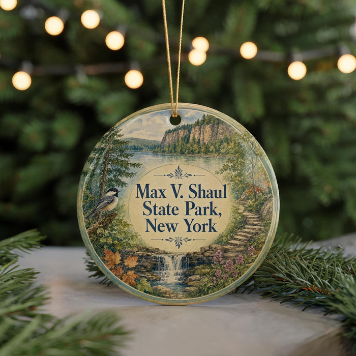 A round ornament with a scenic landscape of Max V. Shaul State Park, New York, featuring a bird perched on a tree branch and a waterfall in the background.