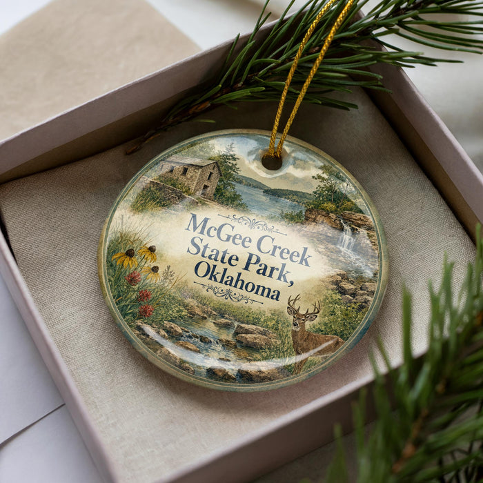 A decorative ornament in a box, featuring a scenic landscape with a deer, trees, and a waterfall.