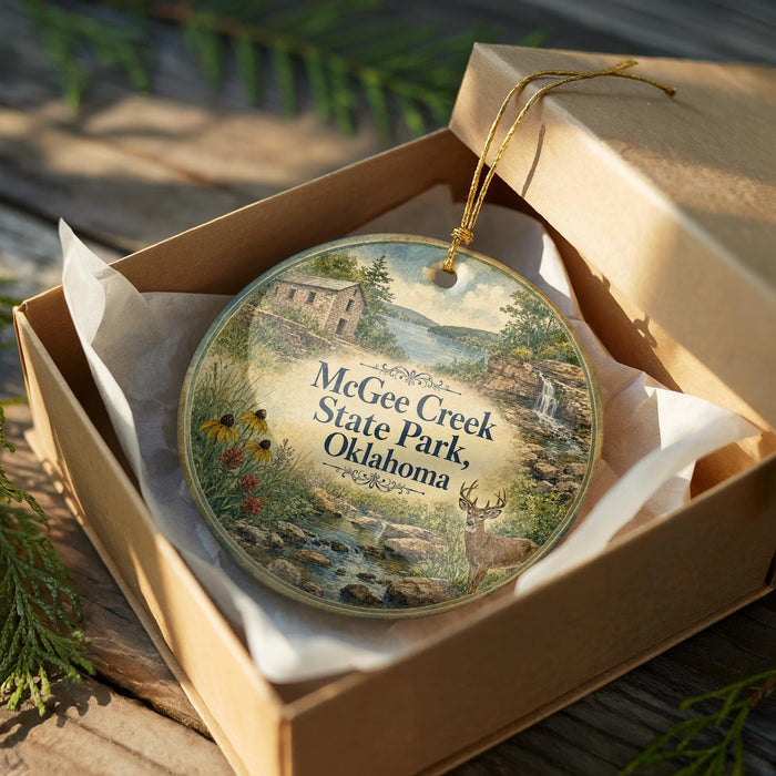 A decorative ornament in a wooden box, featuring a scenic landscape with a river, waterfall, and wildlife.