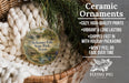 Ceramic ornaments, featuring a detailed image of McKinney Falls State Park, Texas, hanging from a wicker basket.