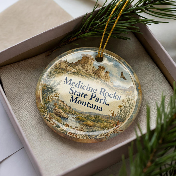 A decorative ornament in a box, featuring a scenic landscape with mountains and a river, with the text "Medicine Rocks State Park, Montana" printed on it.