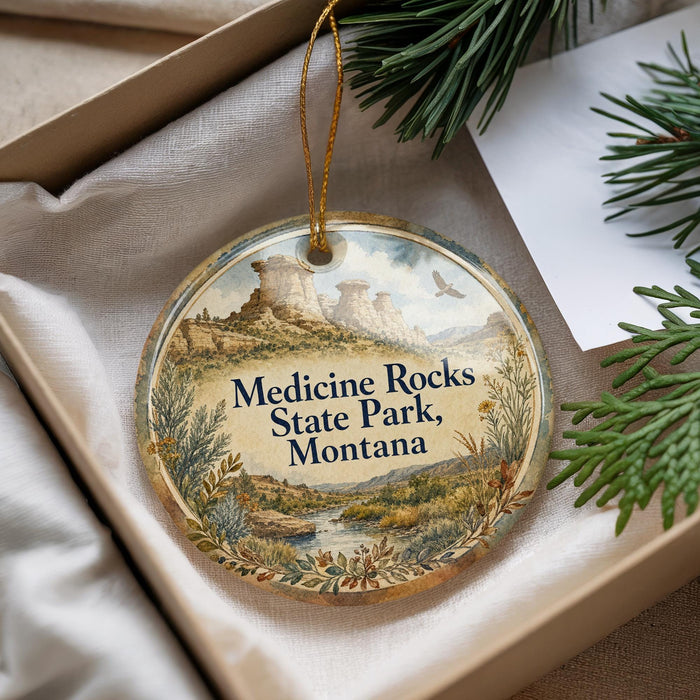 A decorative ornament with a scenic landscape of Medicine Rocks State Park, Montana, hanging from a string.
