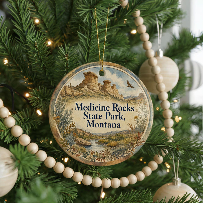 A Christmas tree decorated with ornaments, including a circular ornament with a scenic image of Medicine Rocks State Park, Montana.