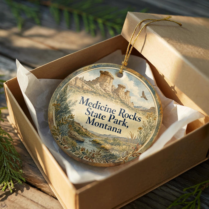 A wooden box containing a decorative ornament with a landscape scene and text, placed on a wooden surface with some greenery in the background.