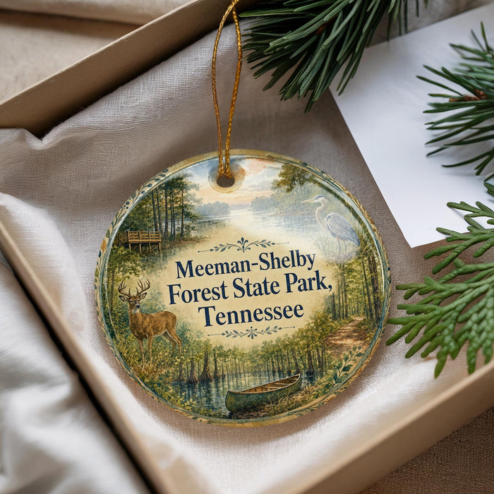 A decorative ornament with a scenic forest landscape, featuring a deer, a bird, and a canoe, is displayed in a box with pine branches.