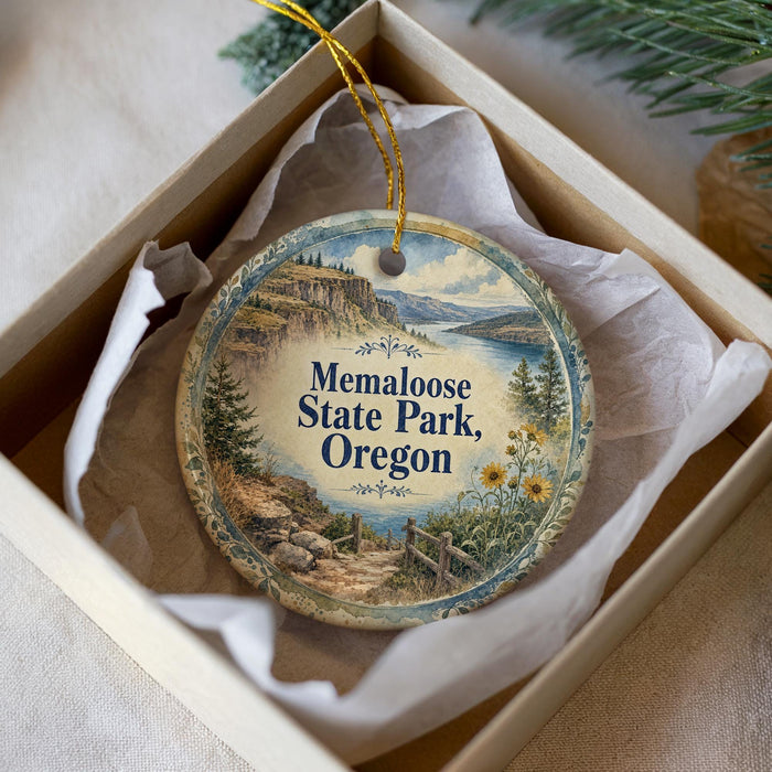 A decorative ornament in a box, featuring a scenic landscape with mountains, trees, and a body of water.
