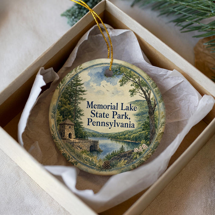 A decorative ornament in a box, featuring a scenic landscape with a lake, trees, and a building, with the text "Memorial Lake State Park, Pennsylvania" printed on it.
