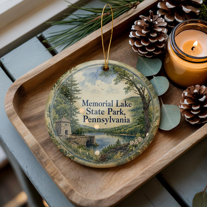 A decorative ornament with a scenic landscape of Memorial Lake State Park, Pennsylvania, featuring a small building and a lake surrounded by trees. The ornament is placed on a wooden tray, with pine cones and a lit candle nearby.