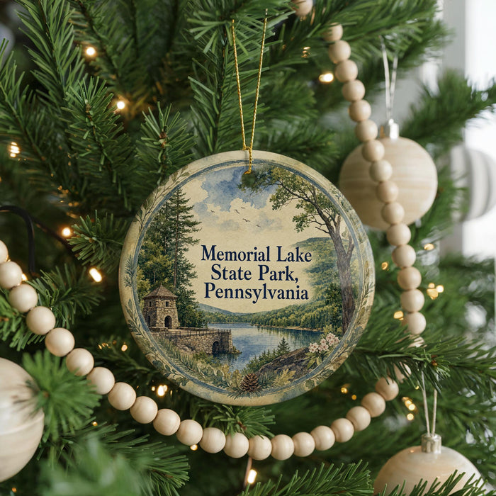 A round ornament hanging on a Christmas tree, featuring a scenic landscape with a lake and a stone bridge.