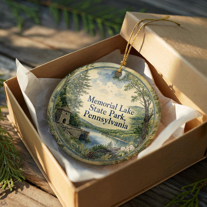 A decorative ornament in a wooden box, featuring a scenic landscape with a lake and trees, with the text "Memorial Lake State Park, Pennsylvania" printed on it.