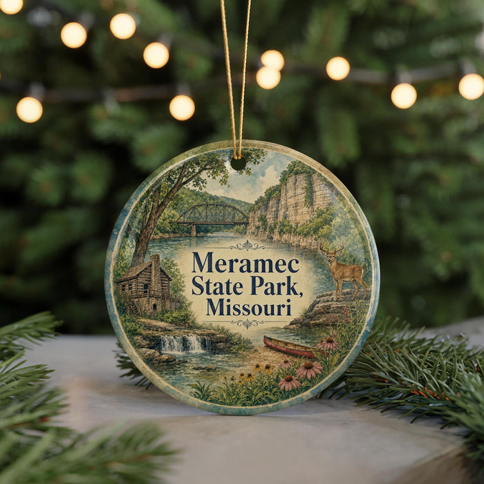 A round ornament with a scenic illustration of Meramec State Park, Missouri, featuring a bridge, trees, and a deer.