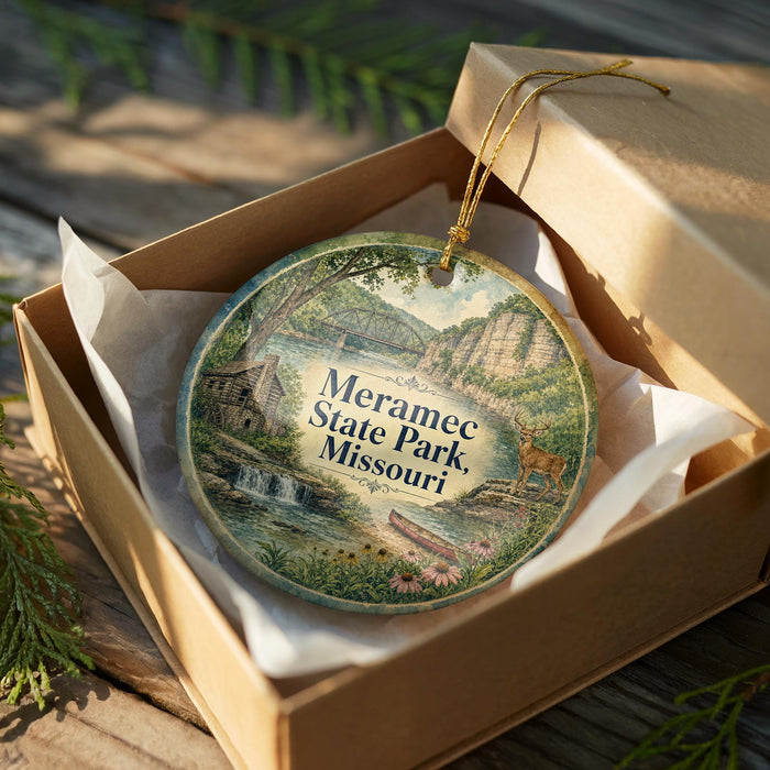 A decorative ornament in a box, featuring a scenic landscape with a river, bridge, and trees.