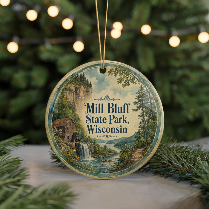 A round ornament with a scenic image of Mill Bluff State Park, Wisconsin, featuring a waterfall and a cabin in the background.