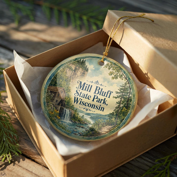 A decorative ornament in a wooden box, featuring a scenic landscape with a waterfall and forest.