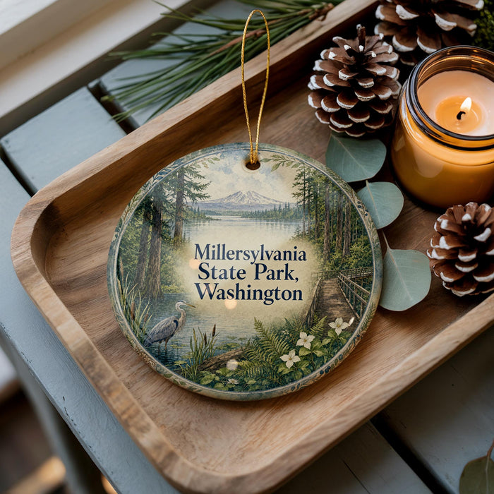 A decorative ornament featuring a scenic landscape of Millersville State Park, Washington, with pine cones, a candle, and greenery on a wooden tray.
