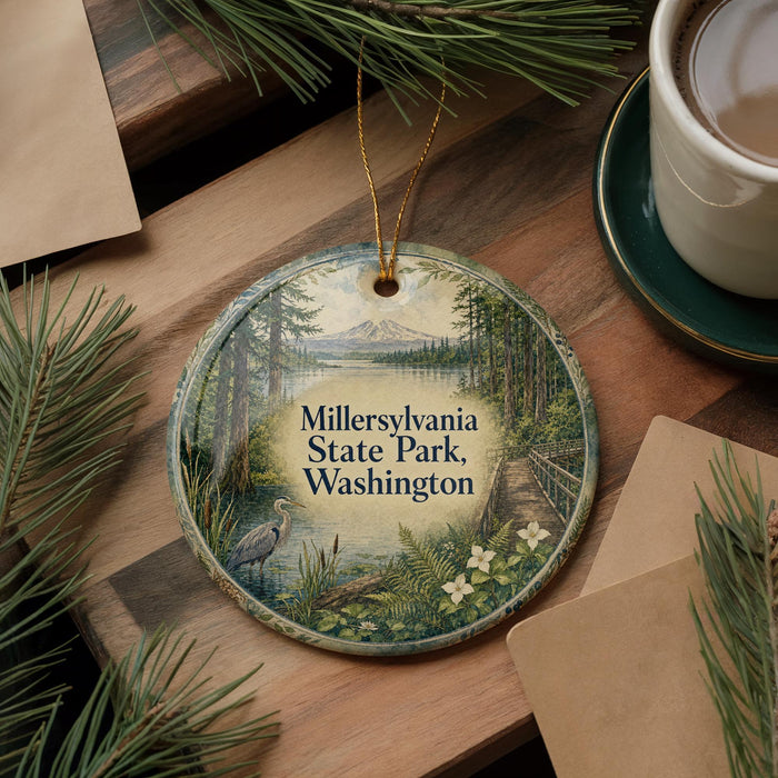 A decorative ornament featuring a scenic landscape of Millersville State Park in Washington, with pine trees, a lake, and a mountain in the background.