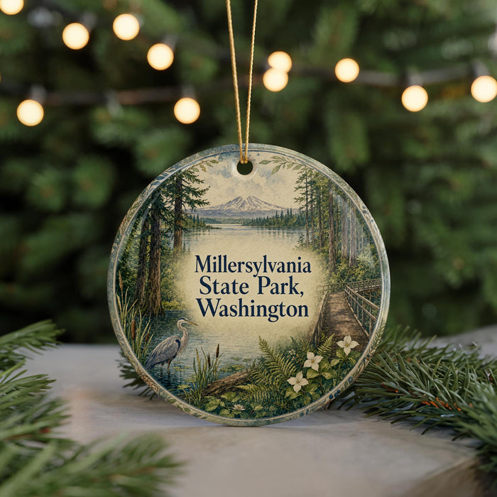 A round ornament with a scenic landscape of Millersville State Park, Washington, featuring a bird, a path, and a mountain backdrop.