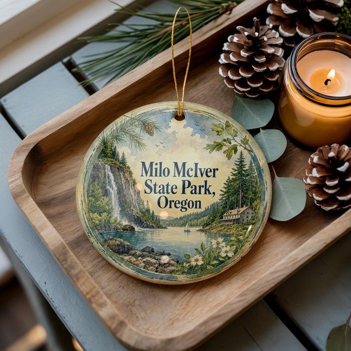 A wooden tray with a decorative ornament featuring a scenic landscape of a waterfall, pine trees, and a lake, along with pine cones and a lit candle.