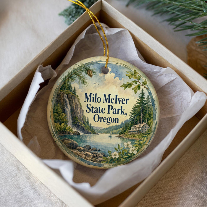 A round ornament with a scenic landscape of a waterfall, pine trees, and a house, displayed in a box with a white tissue paper lining.