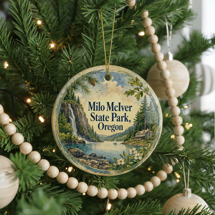 A round ornament hanging on a Christmas tree, featuring a scenic landscape with a waterfall and a cabin in the distance.