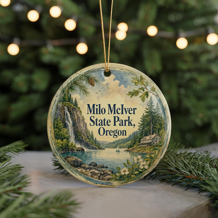 A round ornament with a scenic landscape of a waterfall, pine trees, and a house, hanging on a string.