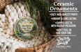Ceramic ornaments, featuring a detailed image of a waterfall and forest, are displayed in a woven basket.