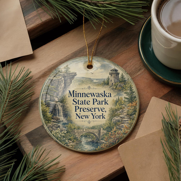 A decorative ornament featuring Minewaska State Park, New York, with a scenic landscape and a castle-like structure. The ornament is hanging on a wooden surface, surrounded by pine branches and a cup of coffee.