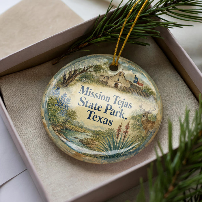 A decorative ornament in a box, featuring a scenic image of Mission Tejas State Park in Texas.
