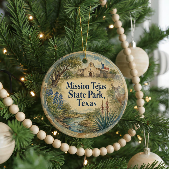 A round ornament hanging on a Christmas tree, featuring a scenic image of Mission Tejas State Park, Texas.