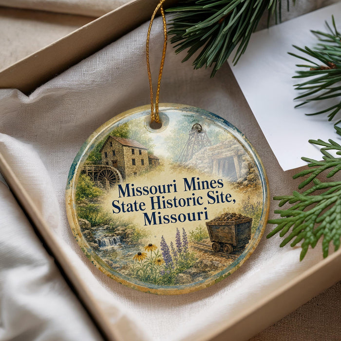 A decorative ornament with a picture of a historic site, specifically the Missouri Mines State Historic Site, displayed in a box with pine branches.