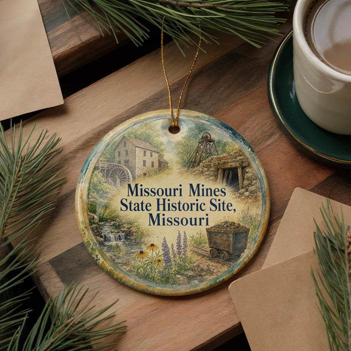 A decorative ornament featuring illustrations of Missouri's historic sites, including a mill, a log cabin, and a mining operation, is displayed on a wooden surface alongside a cup of coffee and some pine branches.