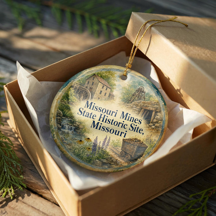 A decorative ornament in a wooden box, featuring illustrations of Missouri historical sites.