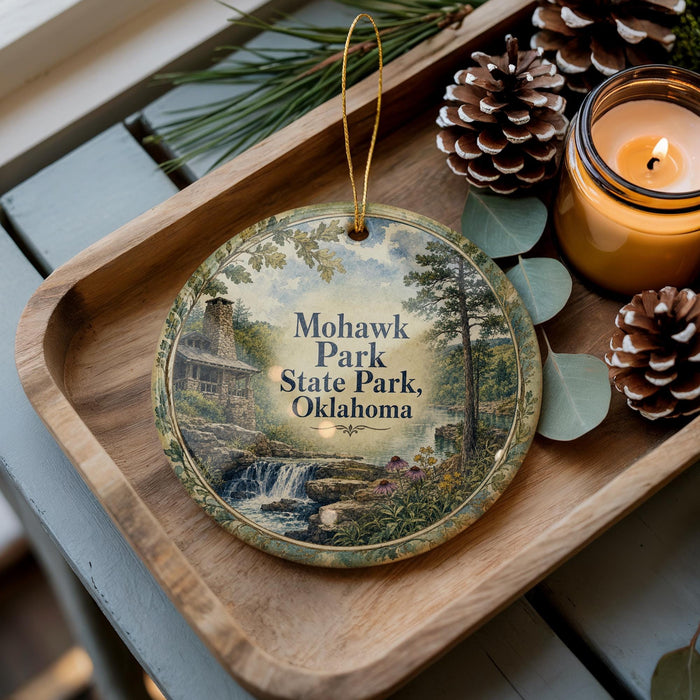 A decorative ornament with a scenic image of Mohawk Park, Oklahoma, featuring a waterfall and pine trees, is displayed on a wooden tray alongside a lit candle and pine cones.