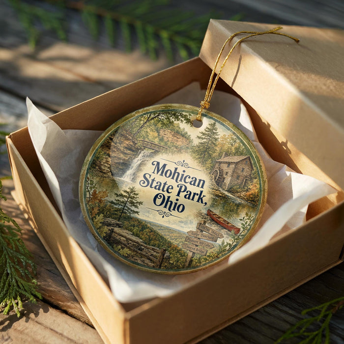 A decorative ornament in a wooden box, featuring a scenic landscape with a waterfall and a cabin, with the text "Mohican State Park, Ohio" prominently displayed.