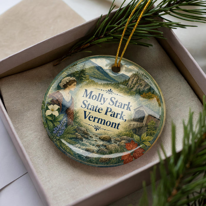 A decorative ornament with a woman and a scenic landscape, featuring the text "Molly Stark State Park, Vermont" on it.